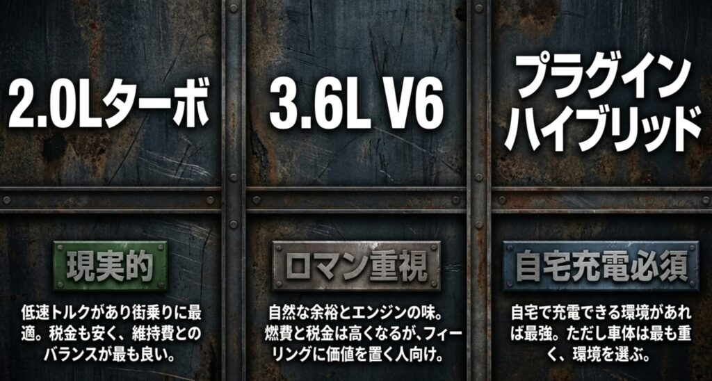 Jeepラングラーの2.0Lターボ、3.6L V6、プラグインハイブリッドの特徴を比較したスライド