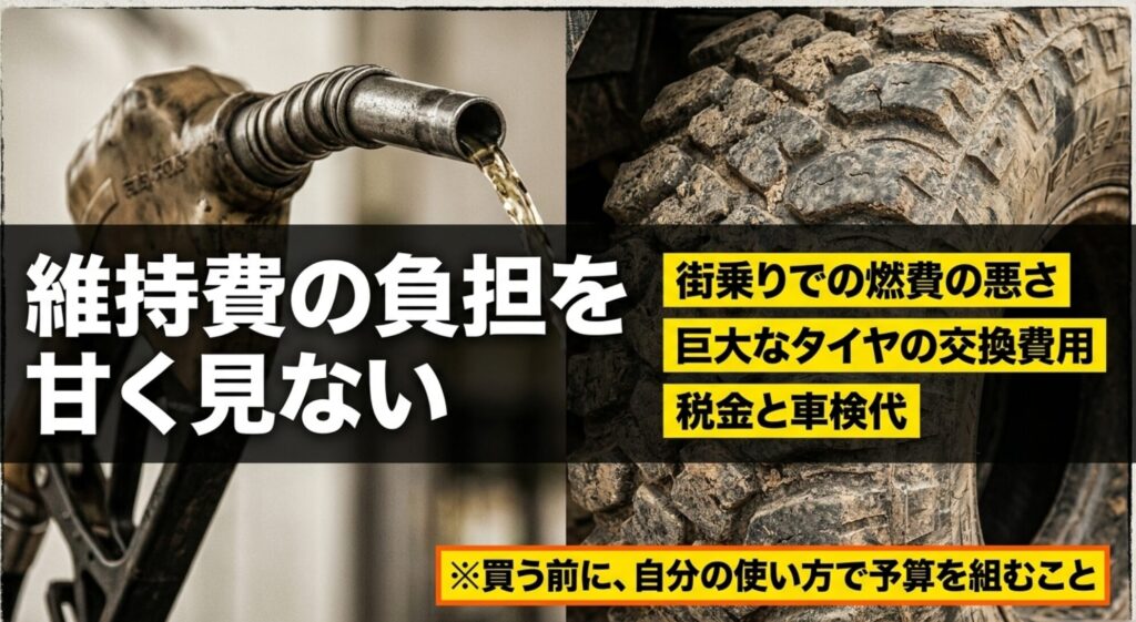 ラングラーの街乗り燃費、タイヤ交換費用、税金や車検代など維持費の負担を示すスライド