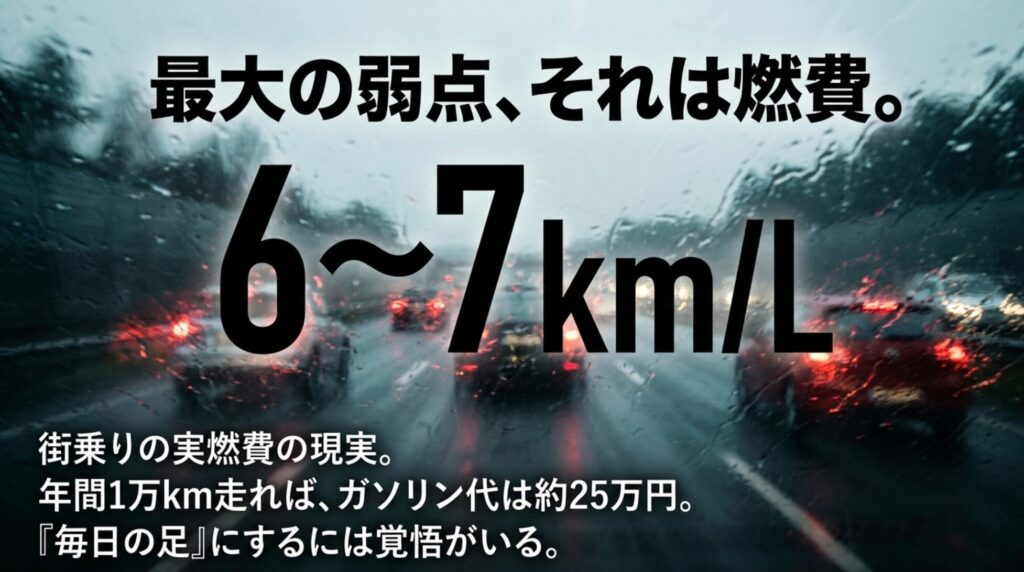 ジープラングラーの街乗り実燃費6から7km/Lとガソリン代の負担を示すスライド