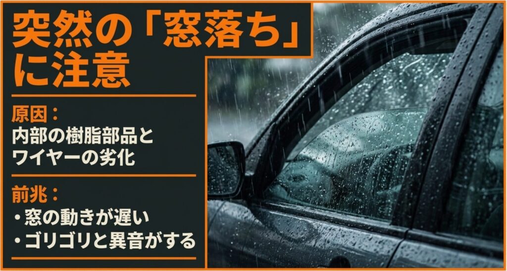 ジープチェロキーの窓落ちは内部の樹脂部品やワイヤーの劣化で起き、動作の遅さや異音が前兆になることを示す画像