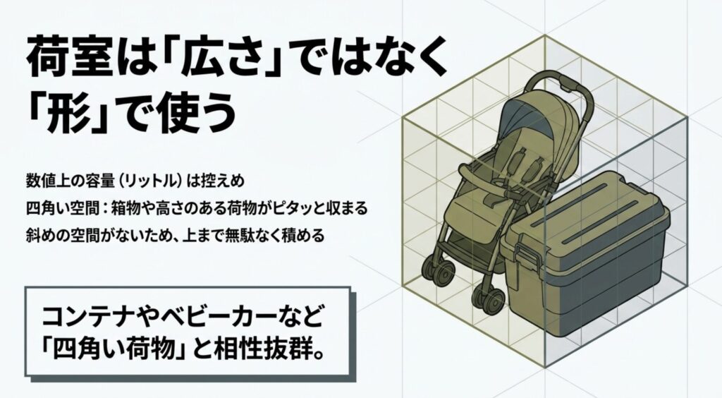 ジープレネゲードの荷室にベビーカーやコンテナを積むイメージと四角い空間の使いやすさを示した図