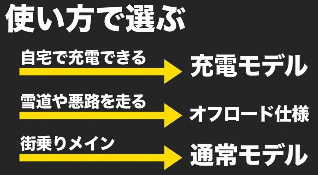 自宅充電なら4xe、雪道や悪路ならオフロード仕様、街乗り中心なら通常モデルを選ぶ目安を示す画像