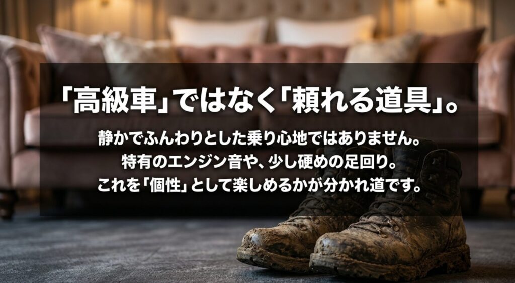 ジープコマンダーは静かで柔らかな高級車ではなく特有のエンジン音や硬めの足回りを個性として楽しむ車であることを示すスライド