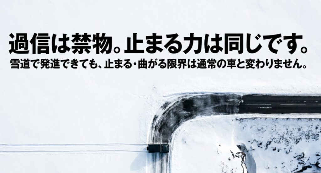 雪道のカーブを走る車を上空から示し、4WDでも止まる・曲がる性能を過信してはいけないことを説明するスライド。