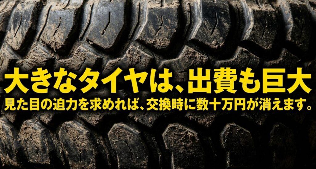 大きなオフロードタイヤを背景に、ラングラーのタイヤ交換費用が高額になりやすいことを示すスライド
