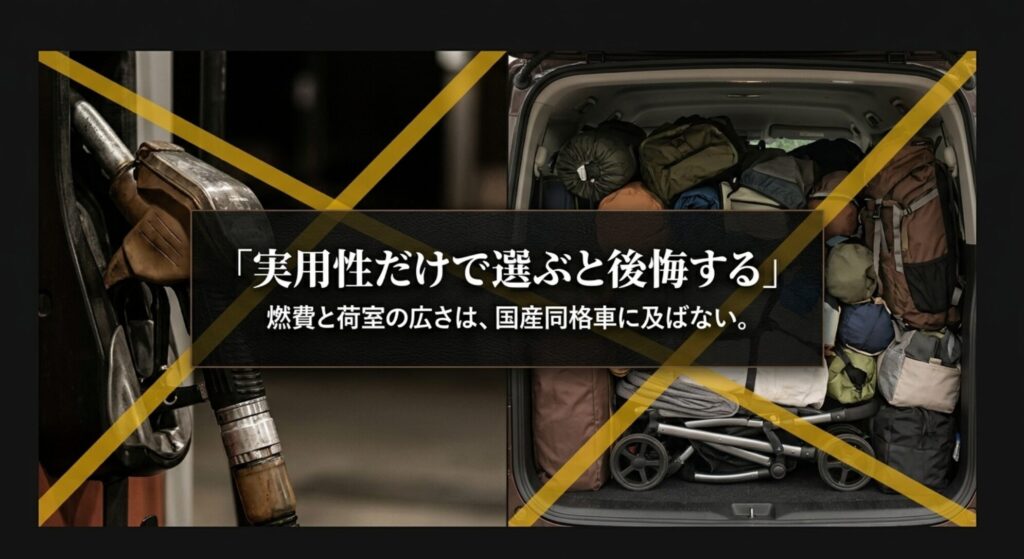 ジープコンパスは実用性だけで選ぶと燃費や荷室の広さで後悔しやすいことを示すスライド