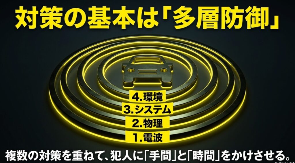 電波、物理、システム、環境を重ねてFJクルーザーの盗難リスクを下げる多層防御の図解