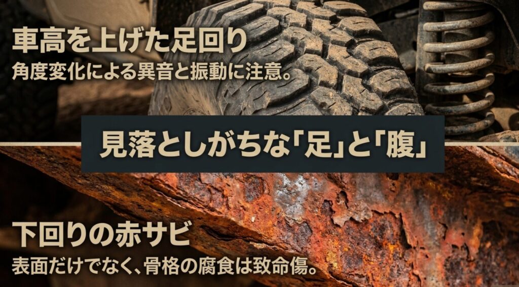 リフトアップによる足回りの異音や振動と下回りの赤サビリスクを説明するスライド