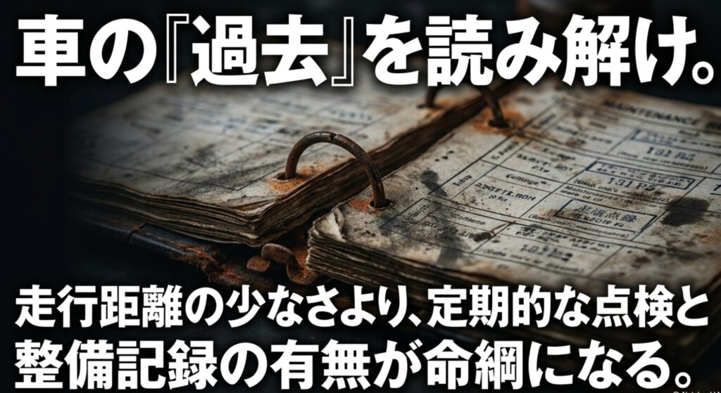 走行距離の少なさよりも、定期点検と整備記録の有無が重要であることを示すスライド