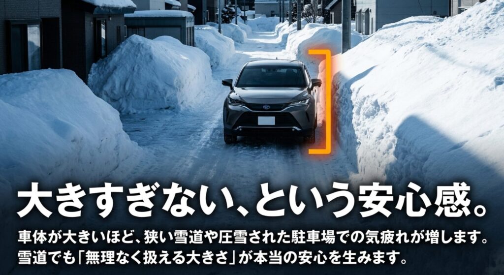 狭い雪道を走る車とともに、車体が大きすぎると雪道や駐車場で気疲れが増えることを説明したスライド