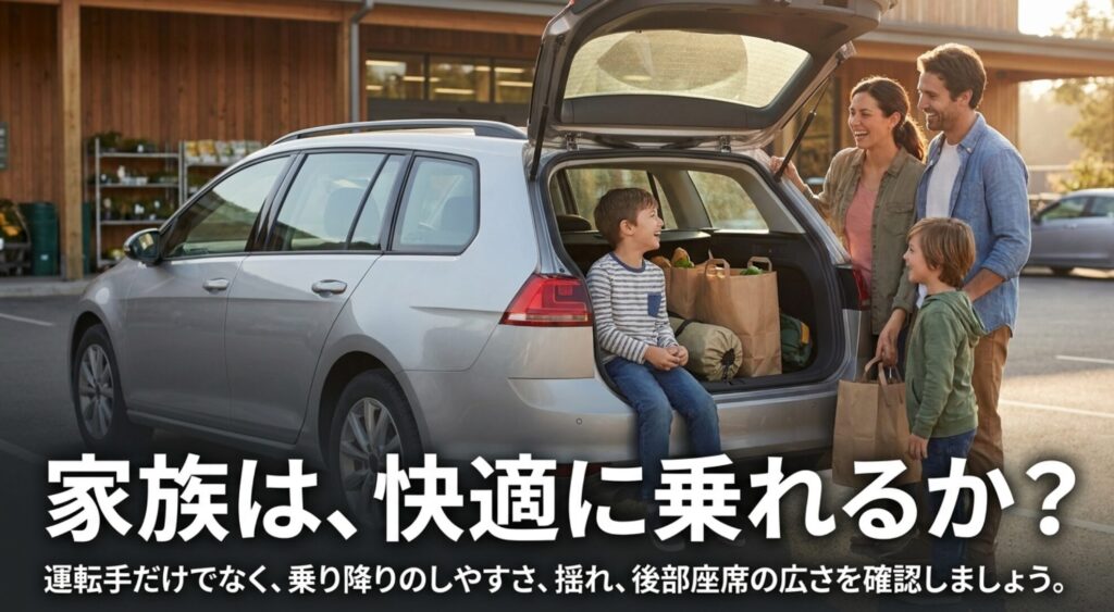 家族利用の4WD選びで、乗り降りのしやすさや後席の広さ、日常の快適性を確認する重要性を示す画像
