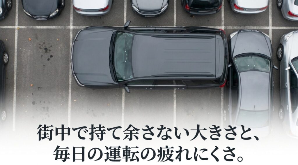 駐車場に停まる大きな車を上から見た画像。家族向け4WDでは街中で持て余さないサイズと運転疲れの少なさが重要であることを示している。