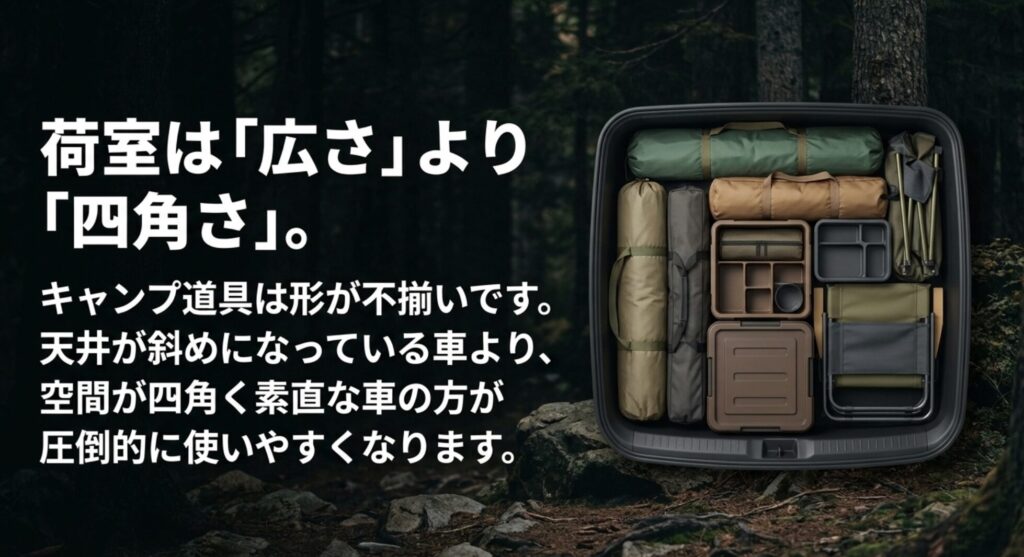 キャンプ道具を整然と積んだ荷室を背景に、荷室容量よりも四角く素直な空間が使いやすいことを示したスライド
