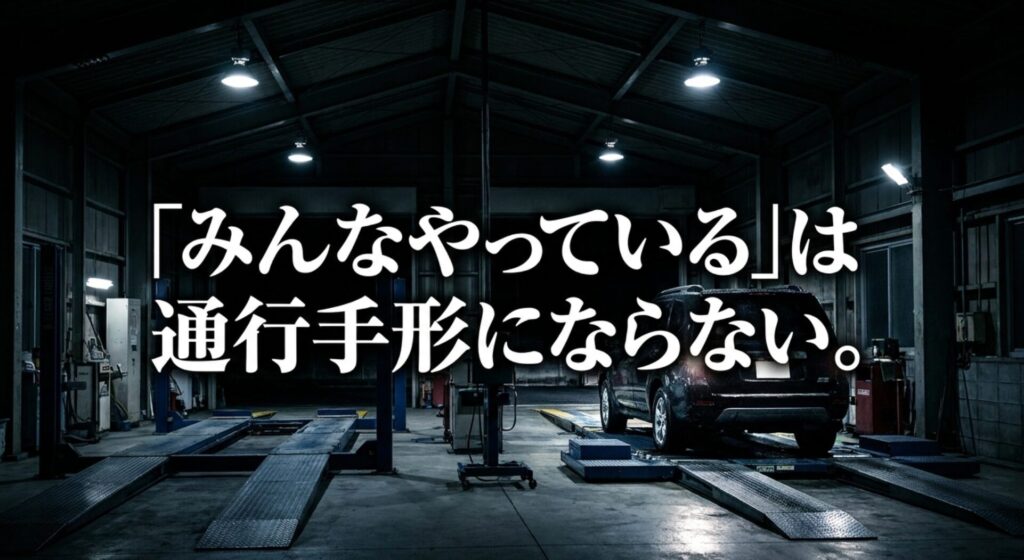 整備工場の車両とともに、一般的に行われているカスタムでも法令適合の確認が必要であることを示したスライド