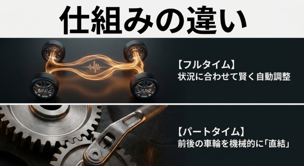 フルタイム4WDは状況に応じて自動調整し、パートタイム4WDは前後輪を機械的に直結する違いを比較したスライド