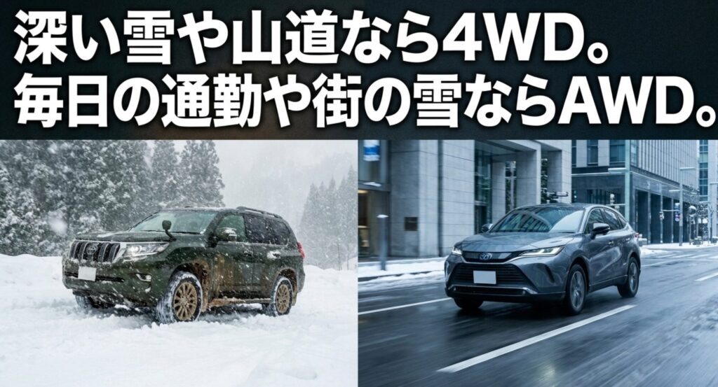 深い雪や山道では4WD、毎日の通勤や街の雪ではAWDが向きやすいことを比較した画像
