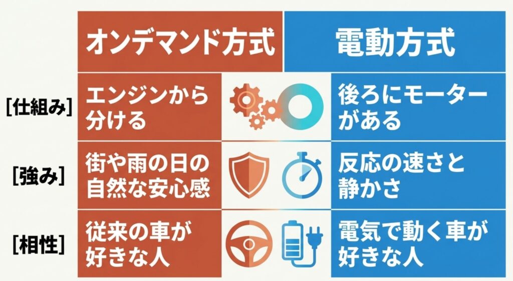 オンデマンド方式と電動方式を、仕組み、強み、相性の3項目で比較した表。オンデマンドはエンジンから駆動力を分け、電動方式は後輪モーターを使うことを示している。
