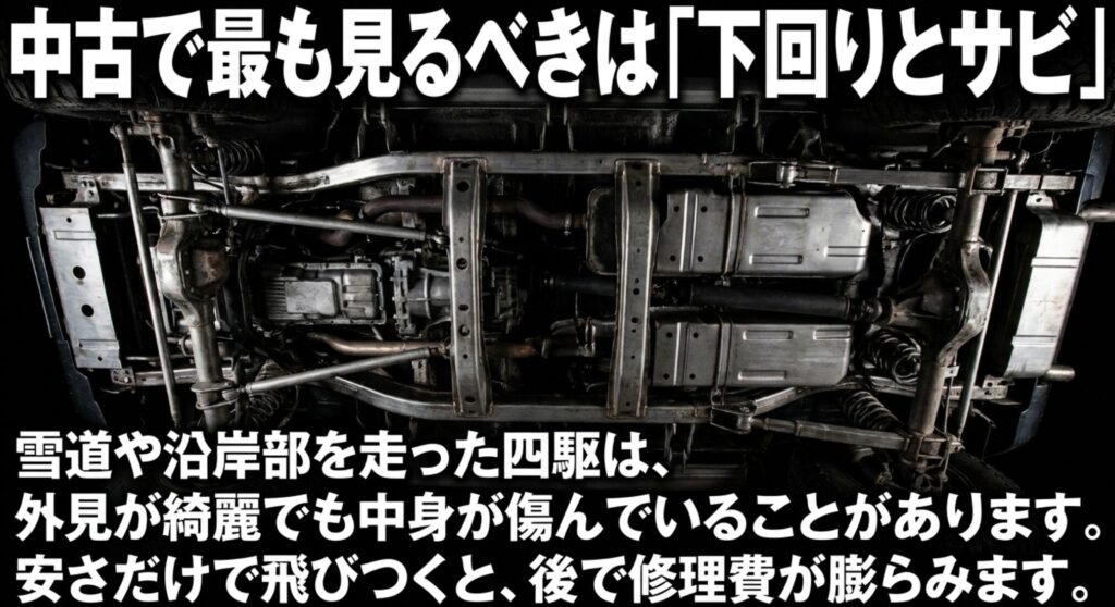 中古4WDでは外観だけでなく下回りやサビを確認すべきで、雪道や沿岸部を走った車は内部の傷みに注意が必要だと示すスライド