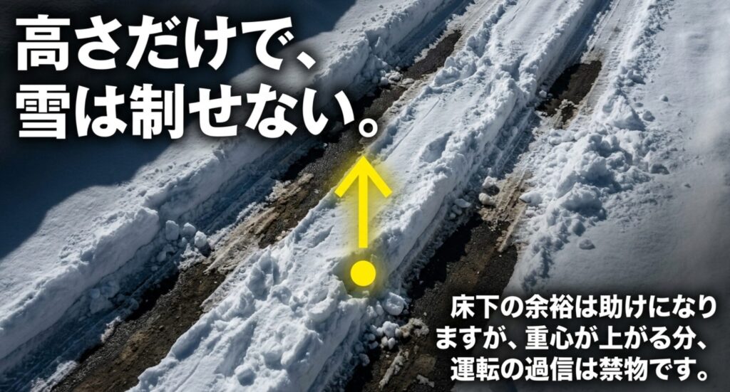 深い雪の轍を背景に、リフトアップによる床下の余裕は助けになる一方、重心上昇による過信に注意が必要なことを示すスライド