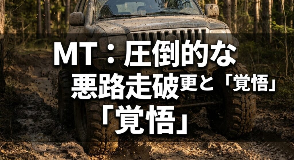 泥道を走る4WD車とともに、MTタイヤの高い悪路性能とオンロードでの覚悟を示す画像