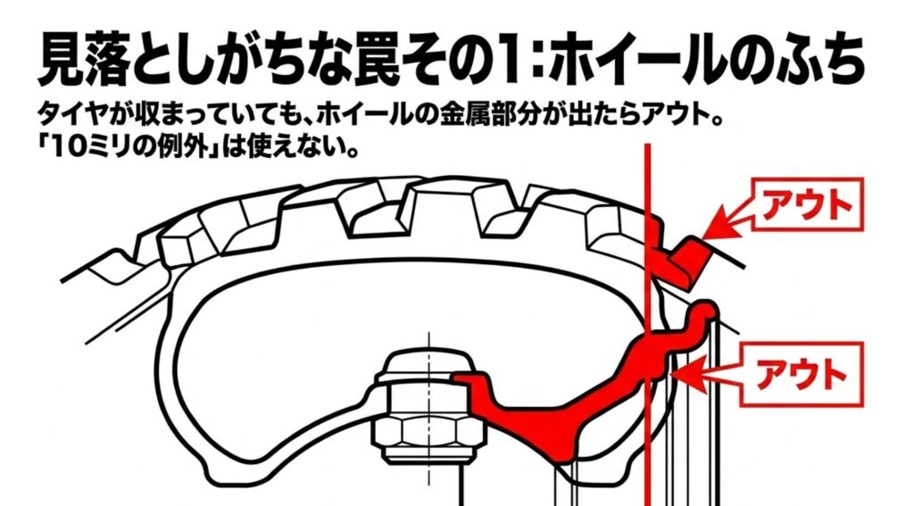 タイヤが収まっていてもホイールの金属部分がフェンダー外へ出るとアウトになることを赤色で示す断面図