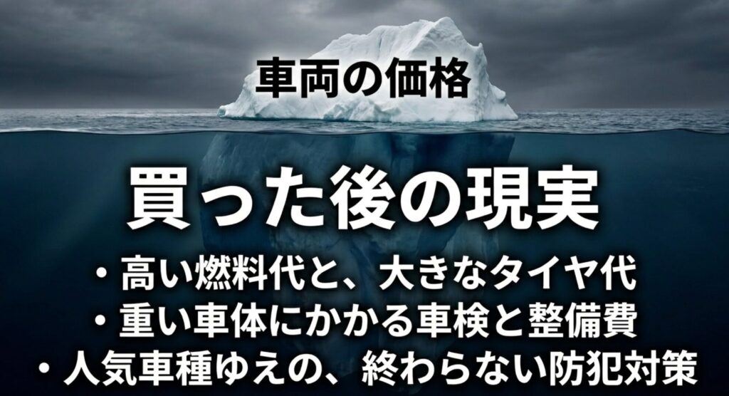 車両価格だけでなく、燃料代、タイヤ代、整備費、防犯対策など購入後の費用が大きいことを氷山で表したスライド