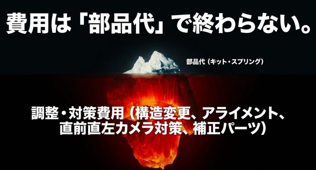 氷山の図を使い、キット代の下に構造変更、アライメント、直前直左対策、補正パーツなどの費用が隠れていることを示すスライド。