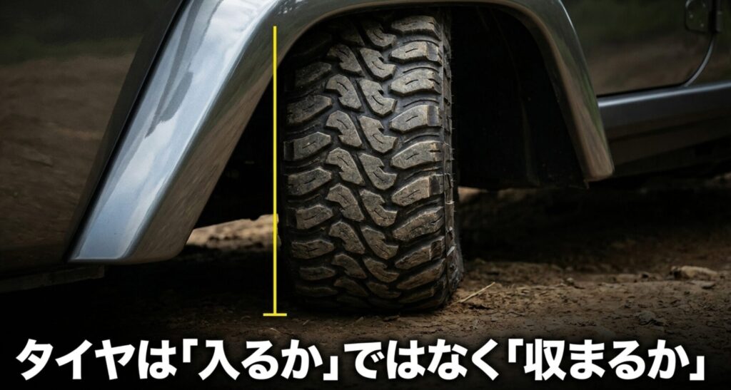 オフロードタイヤとフェンダーの位置関係を示し、4WDカスタムでは装着可否より収まりが重要だと伝えるスライド