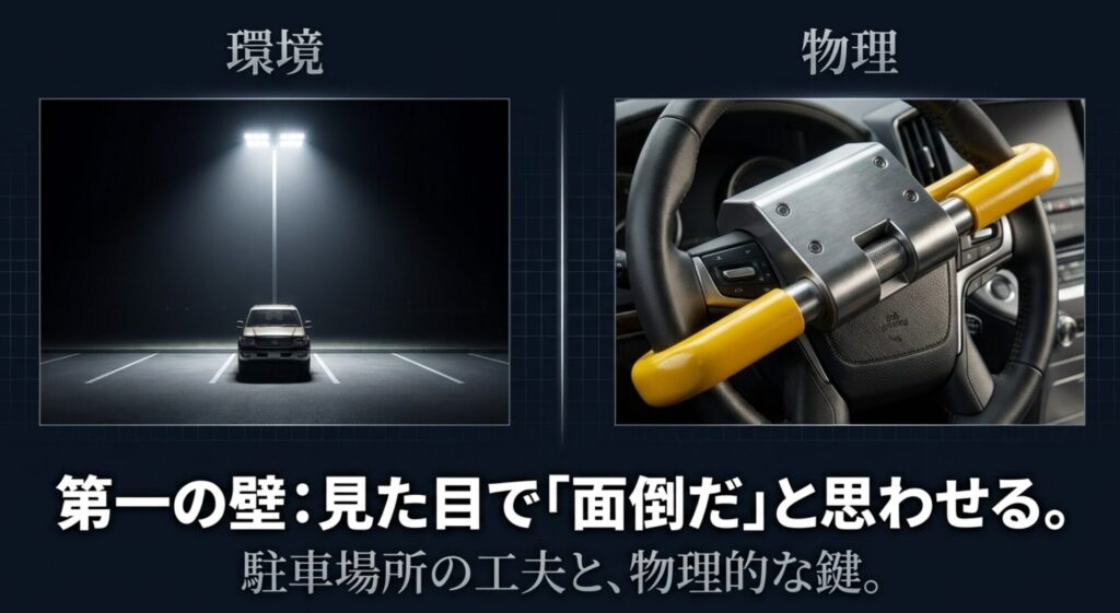 照明のある駐車環境とハンドルロックを並べ、盗難犯に面倒だと思わせる第一防御を示すスライド