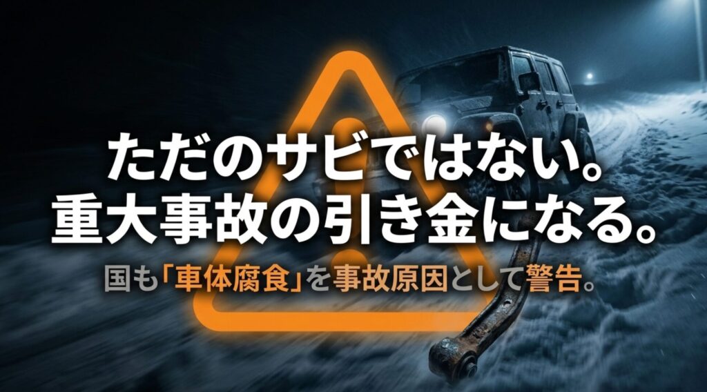 雪道を走る4WDと警告マークを背景に、車体腐食が重大事故につながるリスクを示す画像