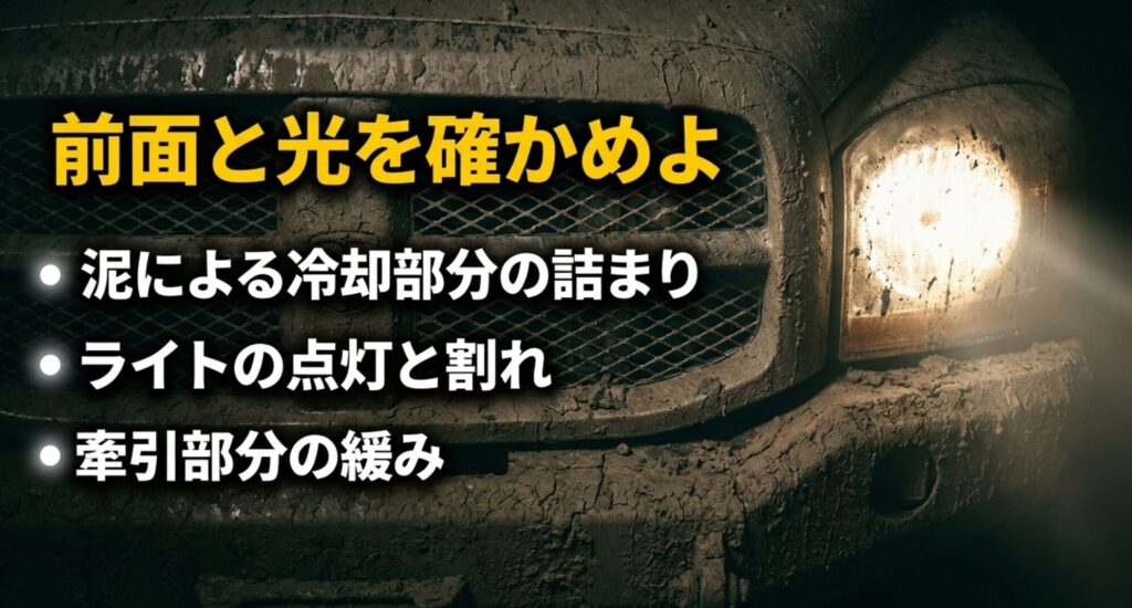 泥の付いた車両前面とライトを背景に、冷却部分の詰まり、ライトの点灯と割れ、牽引部分の緩みを確認するスライド