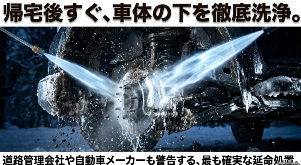 雪道走行後の4WD下回りを高圧洗浄し、融雪剤や泥雪を早めに落とす重要性を示すスライド