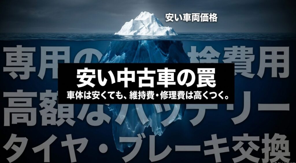 ジープコンパスは車体価格が安くても維持費や修理費が高くつく場合があることを示すスライド
