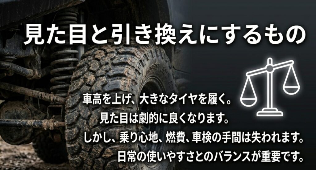 4WDのリフトアップや大きなタイヤは見た目を高める一方で、乗り心地、燃費、車検の手間に影響することを示すスライド