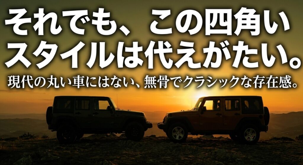 ジープパトリオットの無骨でクラシックな四角いデザインの魅力を示すスライド