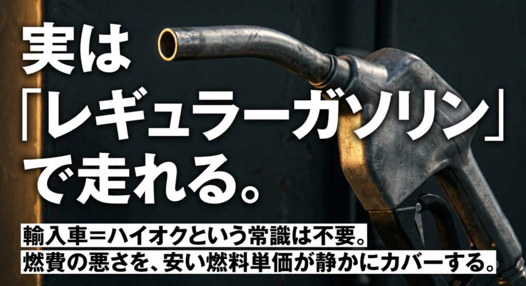 Jeepラングラーはレギュラーガソリンで走れるため燃料単価を抑えやすいことを示したスライド