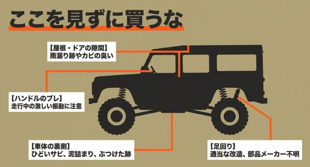 中古ラングラーで確認すべき雨漏り跡、ハンドルのブレ、下回りのサビ、足回り改造を示すスライド