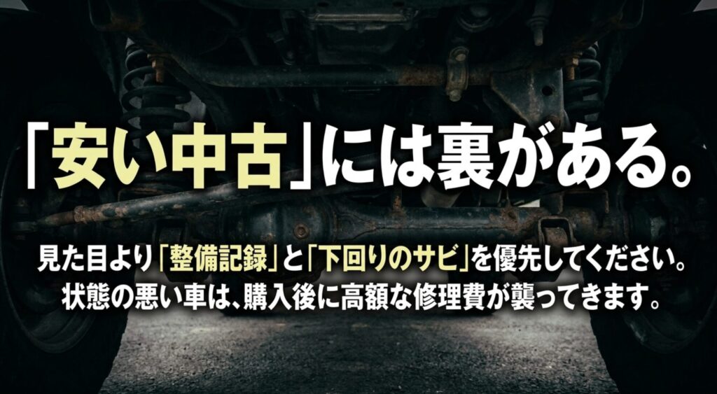 安い中古ジープは見た目より整備記録と下回りのサビを優先して確認すべきと伝えるスライド