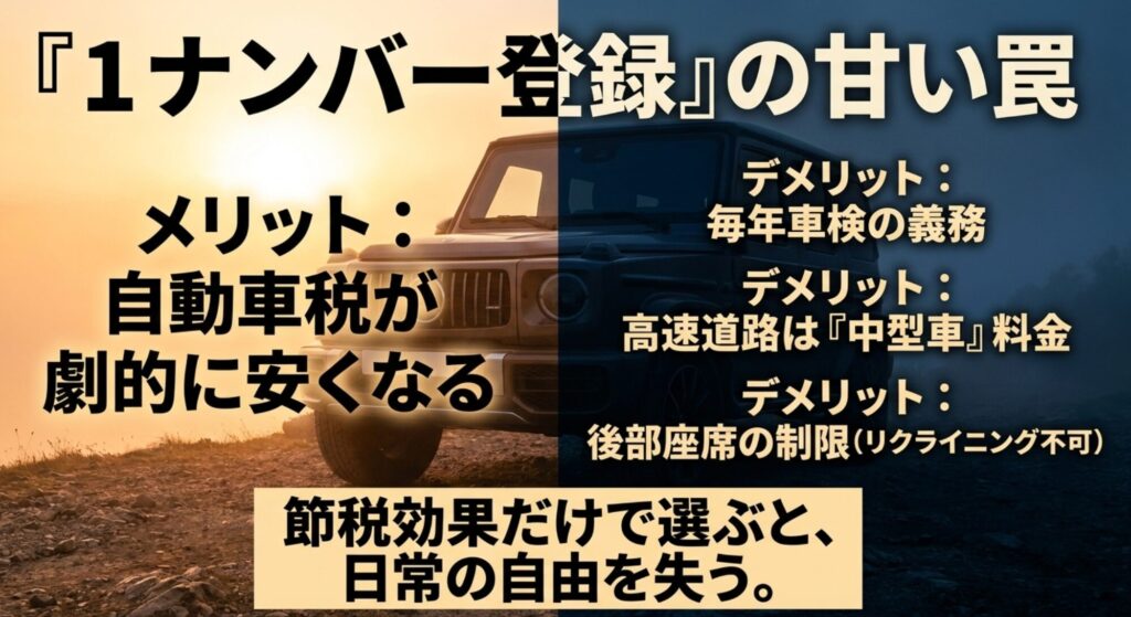 ジープラングラーの1ナンバー登録による自動車税削減と毎年車検などのデメリットを示すスライド