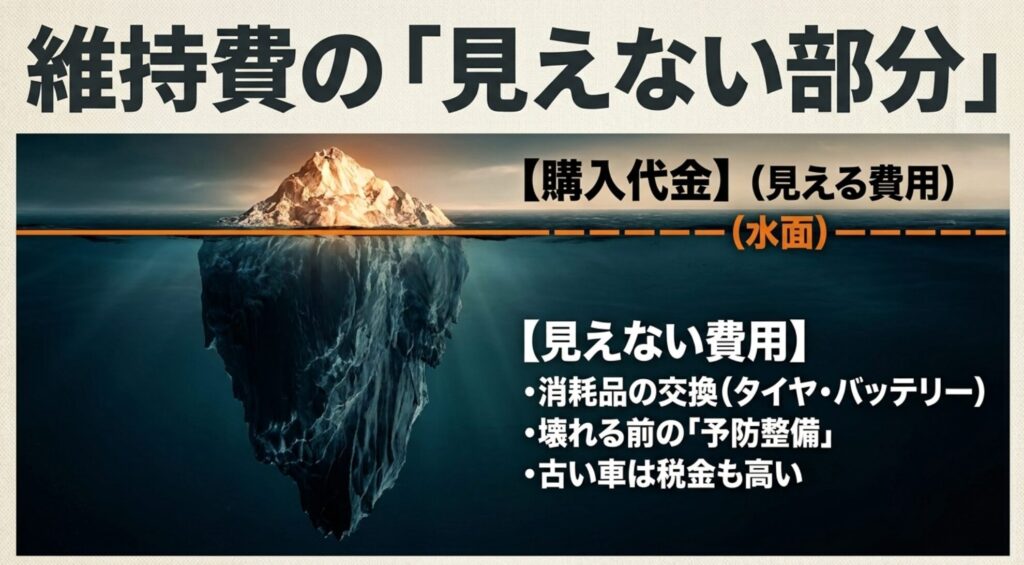 ジープチェロキーの購入代金だけでなく消耗品交換や予防整備、税金など見えない維持費を説明する画像