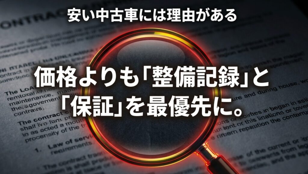 安い中古のジープレネゲードでは価格よりも整備記録と保証を重視すべきことを示す画像