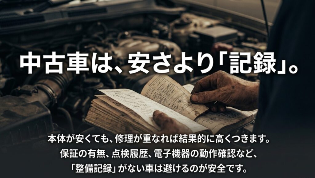 ジープコマンダーの中古車は安さより保証や点検履歴や電子機器の動作確認など整備記録が重要であることを示すスライド