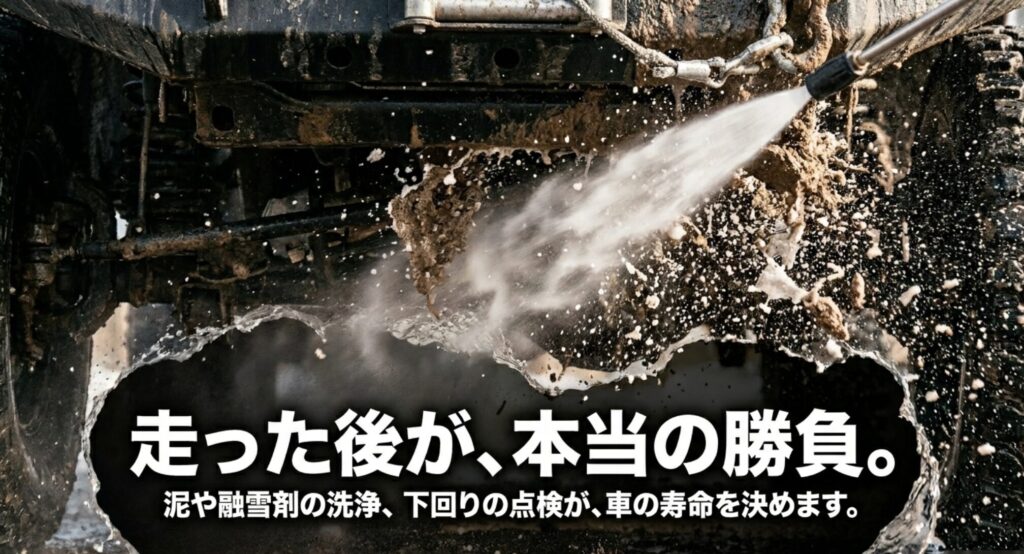 泥が付いた4WDの下回りを洗浄する様子。悪路や雪道走行後の洗浄・点検の重要性を示すスライド。
