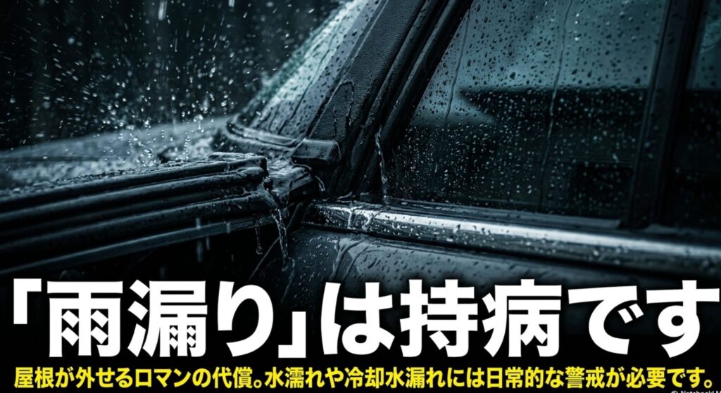 雨に濡れる車体を背景に、ラングラーの雨漏りや冷却水漏れへの注意を促すスライド