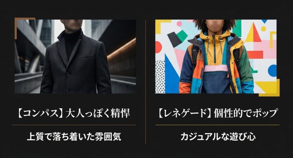 ジープコンパスは大人っぽく精悍でレネゲードは個性的でポップという違いを比較したスライド