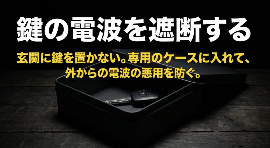 FJクルーザーのリレーアタック対策として鍵の電波を遮断する方法を示すスライド