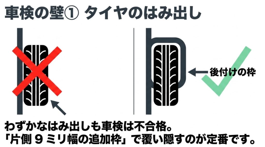 FJクルーザーで285サイズタイヤがフェンダーからはみ出す場合の車検対策と9mmフェンダーの考え方