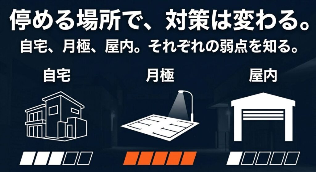 自宅、月極駐車場、屋内保管それぞれの駐車環境によって盗難対策が変わることを示すスライド