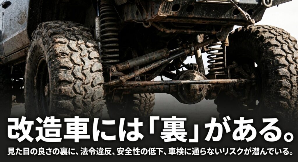 改造車には法令違反、安全性低下、車検不適合のリスクが潜むことを示すスライド