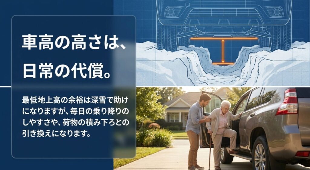 深雪で役立つ最低地上高と、乗り降りや荷物の積み下ろしなど日常面の負担を対比したスライド